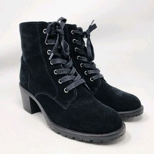 Bjorndal Sasha Lace Up Ankle Boots Sz 7.5 Block Heel Zip Black Suede Gothic